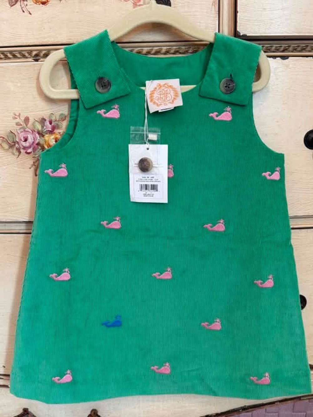 TBBC Green Corduroy Pinafore Dress with Pink Whale Embroidery - NWT